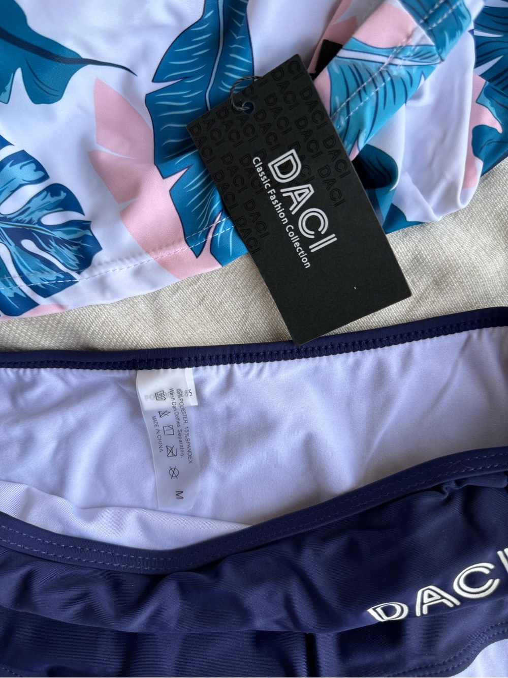 Long-Sleeve Pink Tropical Leaf Rash Guard Swim Suit with Navy Bottoms - Size M - Picture 6 of 6